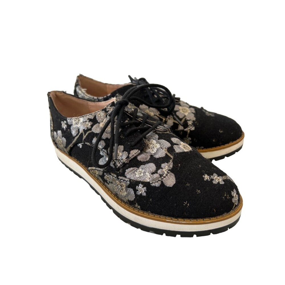 Qupid Floral Brocade Lace Up Sneakers Black Platform Bohemian Hippie Comfy Trend